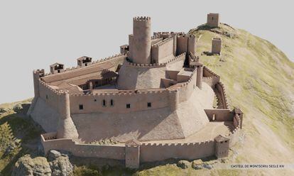 Recreación en 3D del castillo de Montsoriu en el siglo XIV.