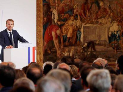 El presidente de Francia, Emmanuel Macron, durante el discurso anual ante los embajadores franceses en el extranjero este lunes en París.