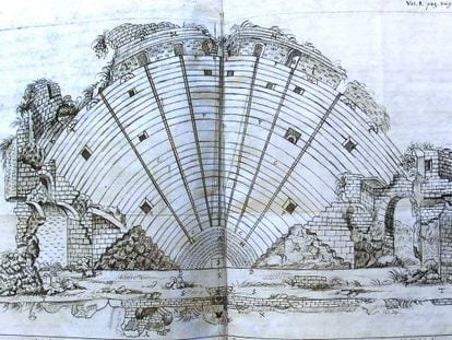 Plànol de la primera excavació del teatre Romà de Sagunt, el 1702.