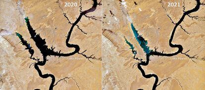 Imágenes por satélite del 17 de abril de 2020 y de 2021 que muestran los efectos de la gran sequía que sufre la cuenca del río Colorado en el lago Powell, en Estados Unidos.