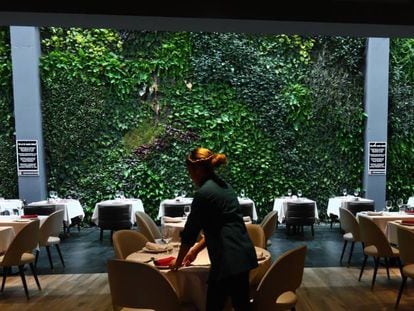 Una empleada prepara una mesas del restaurante de Alcorcón con el espacio vertical verde más grande del continente europeo.