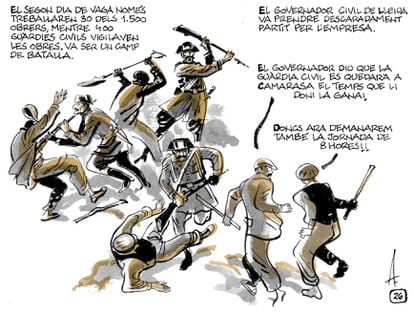 Viñeta del cómic '8 hores', del guionista Pepe Gálvez y el dibujante Alfons López, sobre la vida de Salvador Seguí.