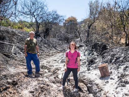 Los vecinos de Casas de Miravete, Gemma Suárez y su marido Juan, en el huerto de su finca, que se ha quemado durante el incendio de Monfragüe, en Cáceres.