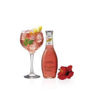 Tónica Schweppes premium mixer de hibiscus, con toques florales de sabor y de un ligero tono rosé.