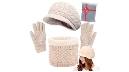 Gorro de invierno estilo boina para mujer acompañado de guantes y bufanda a juego, varios colores.