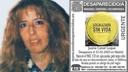 Juana Canal, la desaparecida en Madrid cuyo cuerpo ha sido hallado en Ávila.
