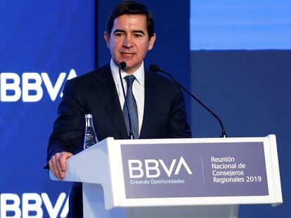 El presidente del BBVA, Carlos Torres, en una conferencia en Ciudad de México.
