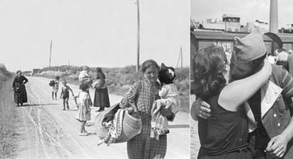 Sobre estas líneas, evacuación en el frente aragonés (1937) y despedida de un miliciano (1936).