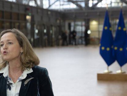 La vicepresidenta económica, Nadia Calviño, este martes en Bruselas.