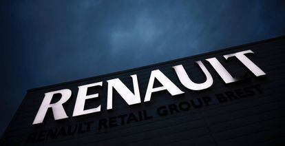A logo of Renault carmaker is pictured at a dealership in Brest