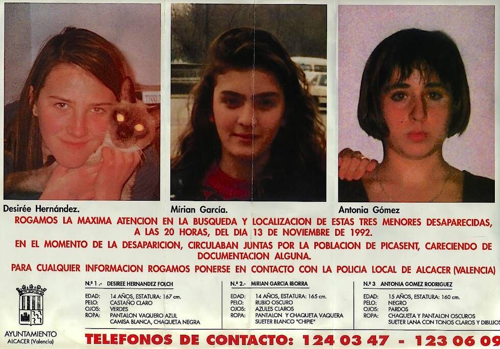 El cartel con el que se buscó a Desirée, Miriam y Toñi en 1992.