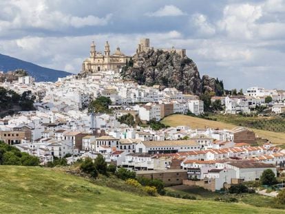 Vista de Olvera (Cádiz), donde destacan las siluetas de la iglesia de Nuestra Señora de la Encarnación y el castillo.