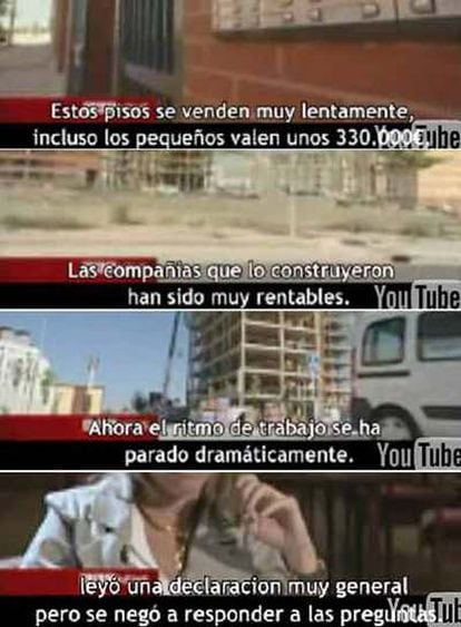 El polémico vídeo de la BBC empieza con unas imágenes de bloques de pisos vacíos en Vallecas para escenificar la caída del sector inmobiliario. El periodista británico habla de las crecientes dificultades para vender viviendas en España. Aparece un promotor y un experto inmobiliario que coinciden en el fin del <i>boom</i> y se quejan de la falta de respuestas del Gobierno. La ministra de Vivienda, Carme Chacón, sólo aparece para decir que hay que terminar la entrevista.