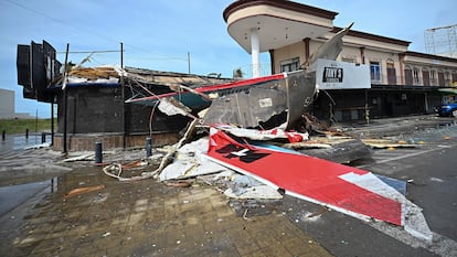 A bar with a patio lays in ruins after the passing of Hurricane Pamela in Mazatlan, Mexico, Wednesday, Oct. 13, 2021. Hurricane Pamela made landfall on Mexico's Pacific coast just north of Mazatlan on Wednesday, bringing high winds and rain to the port city. (AP Photo/Roberto Echeagaray)