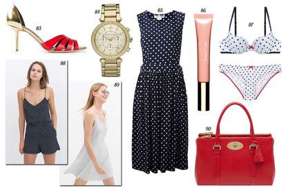 83. Rupert Sanderson Zapato de piel bicolor. 84. Michael Kors Reloj con bisel de strass. 85. Topshop Vestido sin mangas con falda de vuelo. 86. Clarins Lip gloss 'Eclat Minute'. 87. Etam Conjunto de lencería. 88 y 89. Zara. 90. Mulberry Tote de piel.