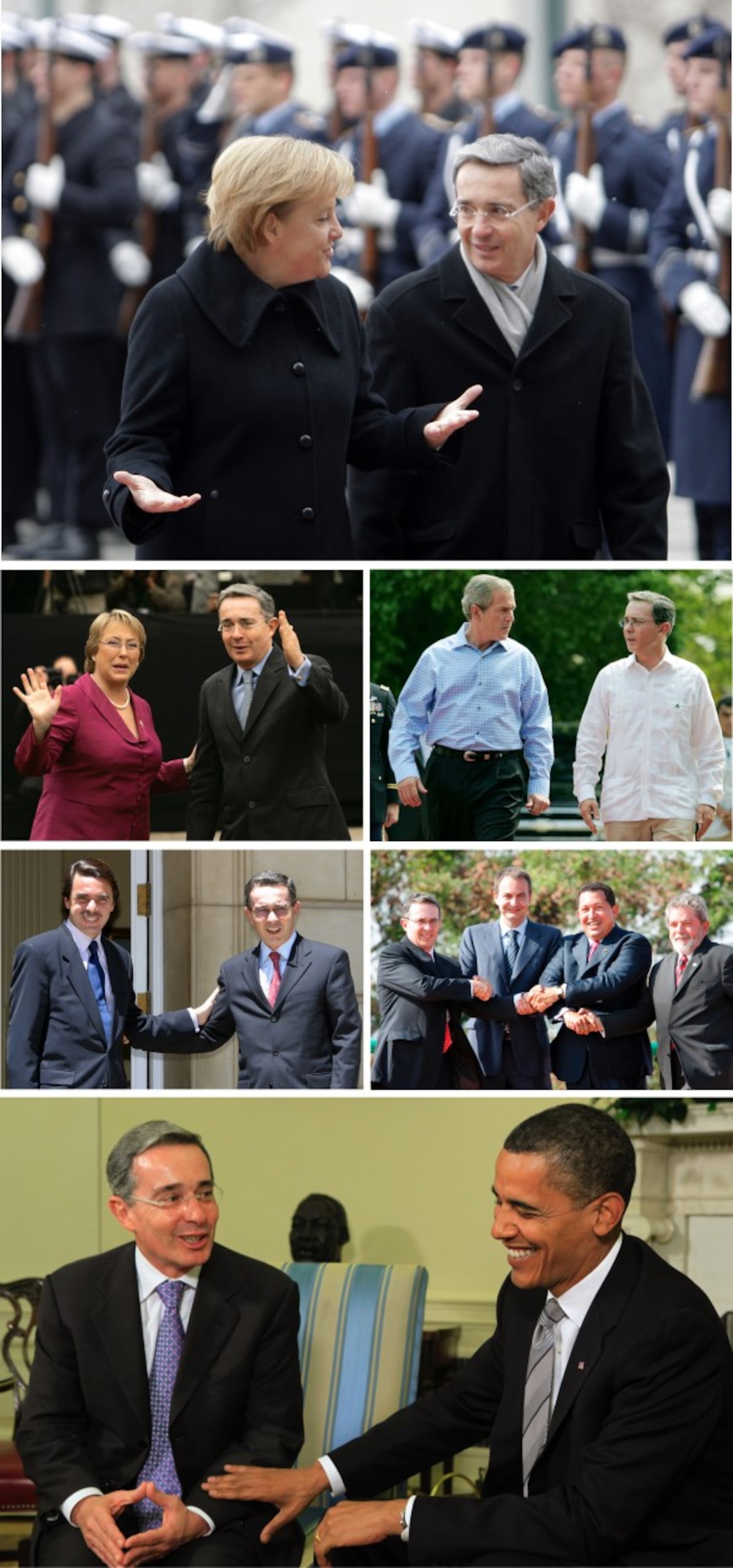 El entonces presidente de Colombia Álvaro Uribe reunido con la canciller alemana, Angela Merkel (arriba); la presidenta de Chile Michele Bachelet; los presidentes George W. Bush (EE UU); José María Aznar (España); José Luis Rodríguez Zapatero, Hugo Chávez y Lula da Silva (España, Venezuela y Brasil, respectivamente) y Barack Obama (EE UU).
