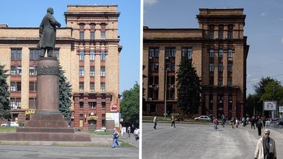 A la izquierda, la plaza central de Dnipró, con la estatua de Lenin, en 2011. A la derecha, la plaza este lunes.
