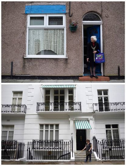 Una mujer, frente a una vivienda de Kensington, Liverpool (arriba) el 18 de mayo de 2017 y una mujer limpiando frente a una vivienda en Kensington, Londres, el 30 de mayo de 2017.