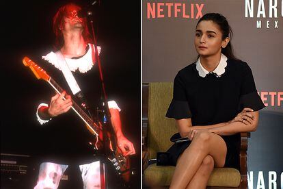 El estilo kinderwhore. A la izquierda, Kurt Cobain con vestido baby doll, en un concierto de Nirvana en Los Ángeles (1991); a la derecha, la actriz de Bollywood Alia Bhatt (2018).