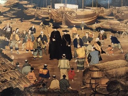 Pintura japonesa interpretando la llegada de los jesuitas a Japón