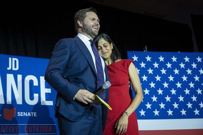 JD Vance celebrates with his wife, Usha Vance, winning the Ohio Republican primary for Senate.