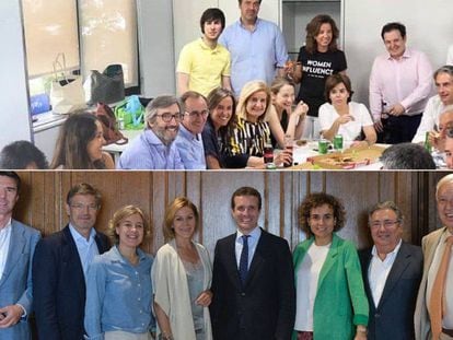 Fotografías facilitadas por la candidatura de Soraya Sáenz de Santamaría (arriba) y de Pablo Casado (abajo), de los encuentros que los dos candidatos a liderar el PP han celebrado hoy en Madrid.