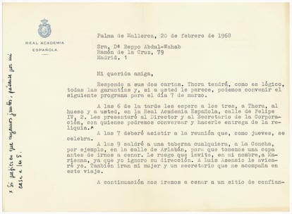 Carta de Camilo José Cela a la pintora Beppo Abdul-Wahab sobre el hueso del Cid Campeador.