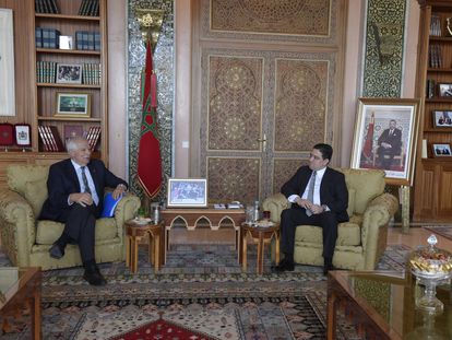 El jefe de la diplomacia de la UE, Josep Borrell, y el ministro de Exteriores marroquí, Naser Burita, este jueves en Rabat.