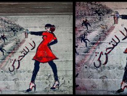Un grafiti realizado en 2012 en El Cairo muestra a una mujer que proclama en árabe "no al acoso" (izquierda). La figura añadida después (derecha) le pone la mano en el trasero.