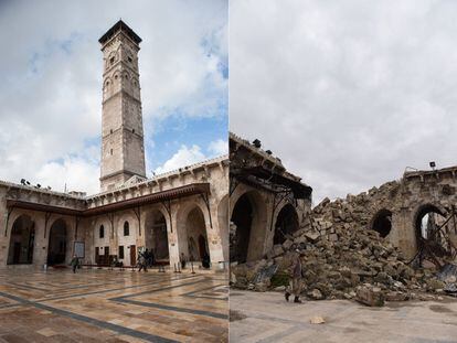 El minarete de la Mezquita Omeya, de mil años de antigüedad y única estructura original intacta desde su construcción, no ha sobrevivido al siglo XXI. En la parte izquierda, foto tomada en 2010; a la derecha foto tomada en 2017. 