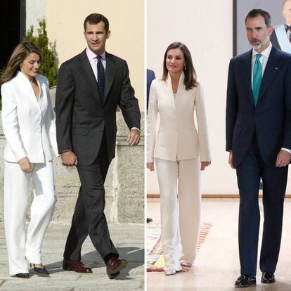 Felipe y Letizia (vestida con el mismo traje blanco de Armani), en noviembre de 2003 y en febrero de 2019.