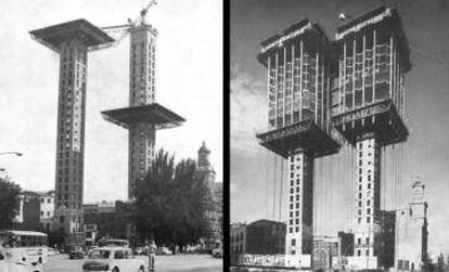 Dos momentos de la construcción de las Torres Colón.