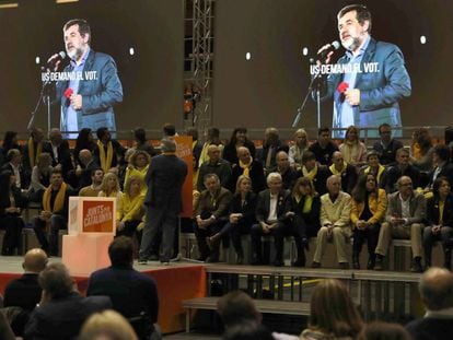 El número dos de Junts per Catalunya, Jordi Sànchez, interviene en una grabación de audio en el acto central de campaña de Junts per Catalunya.