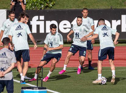 Los internacionales españoles durante el primer entrenamiento de preparación para la Eurocopa celebrado en la Ciudad de fútbol de las Rozas. EFE/ Rodrigo Jiménez