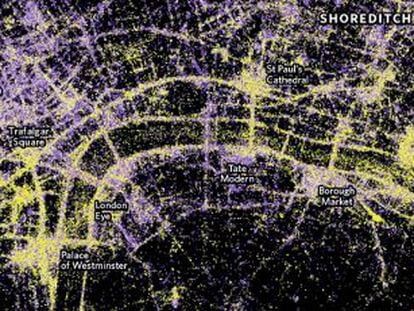 Mapa del libro &#039;London: the information capital&#039; donde se muestra la captura de 1,5 millones de fotos colgadas en Flickr.