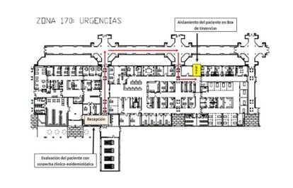 Plano de la zona de Urgencias del hospital de Alcorcón, donde se indica la recepción del área y la habitación de aislamiento.
