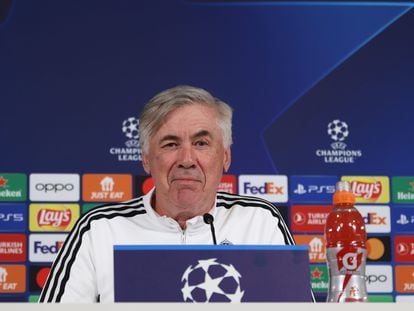 Ancelotti, entrenador del Real Madrid, en la rueda de prensa antes del Chelsea.