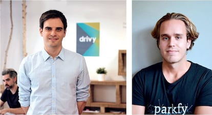 Jaume Suñol, director general de Drivy España (izquierda), y Antonio Linares, fundador de Parkfy, dos proyectos que proponen alquileres entre particulares de coches y plazas de parking
