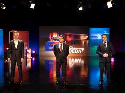 Font, Laporta y Freixa, en el debate electoral de TV3, en una imagen de la cadena.
