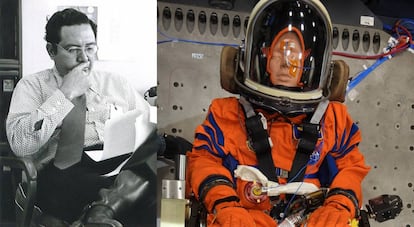 Arturo Campos, investigador hispano de la NASA, y un maniquí bautizado en su honor que viajará a la Luna al final de este año.