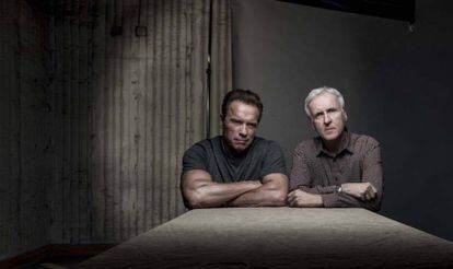 James Cameron y Arnold Schwarzenegger durante la grabación de la campaña.
