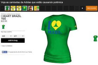 Captura de pantalla del sitio web de Adidas donde se ve una de las camisetas que Adidas diseñó con motivo del Mundial de Fútbol 2014 en Brasil y que ese país anunció este 25 de febrero, que exigirá retirar del mercado por incluir connotaciones sexuales.