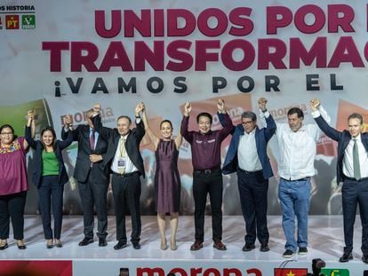Claudia Sheinbaum junto a Adán Augusto López, Ricardo Monreal, Gerardo Fernández Noroña y Manuel Velasco, este miércoles en Ciudad de México.