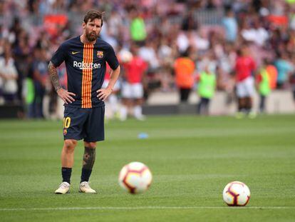 Messi, en el Camp Nou, antes del encuentro ante el Huesca. 