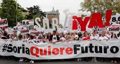 Las plataformas Teruel Existe y Soria ¡Ya! lideran la manifestación de la España vaciada en Madrid, el 31 de marzo de 2019. 