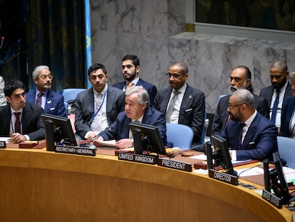 El secretario general de la ONU, António Guterres, durante la primera reunión del Consejo de Seguridad sobre inteligencia artificial.