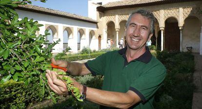 Cristóbal Romera, la semana pasada, arreglando el Patio de la acequia en el Generalife.