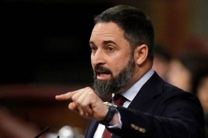 El líder del Vox, Santiago Abascal, durante su intervención este martes en el Congreso.