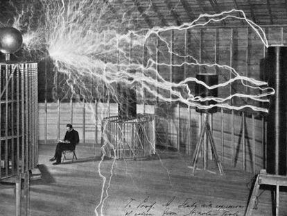 Fotomontaje realizado por Nikola Tesla de su laboratorio en Colorado Springs (EE UU) en la década de 1890.