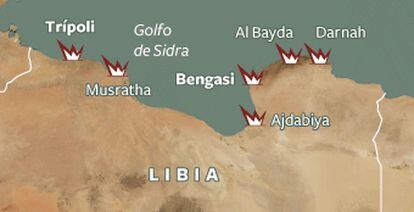 Mapa con las protestas en Libia